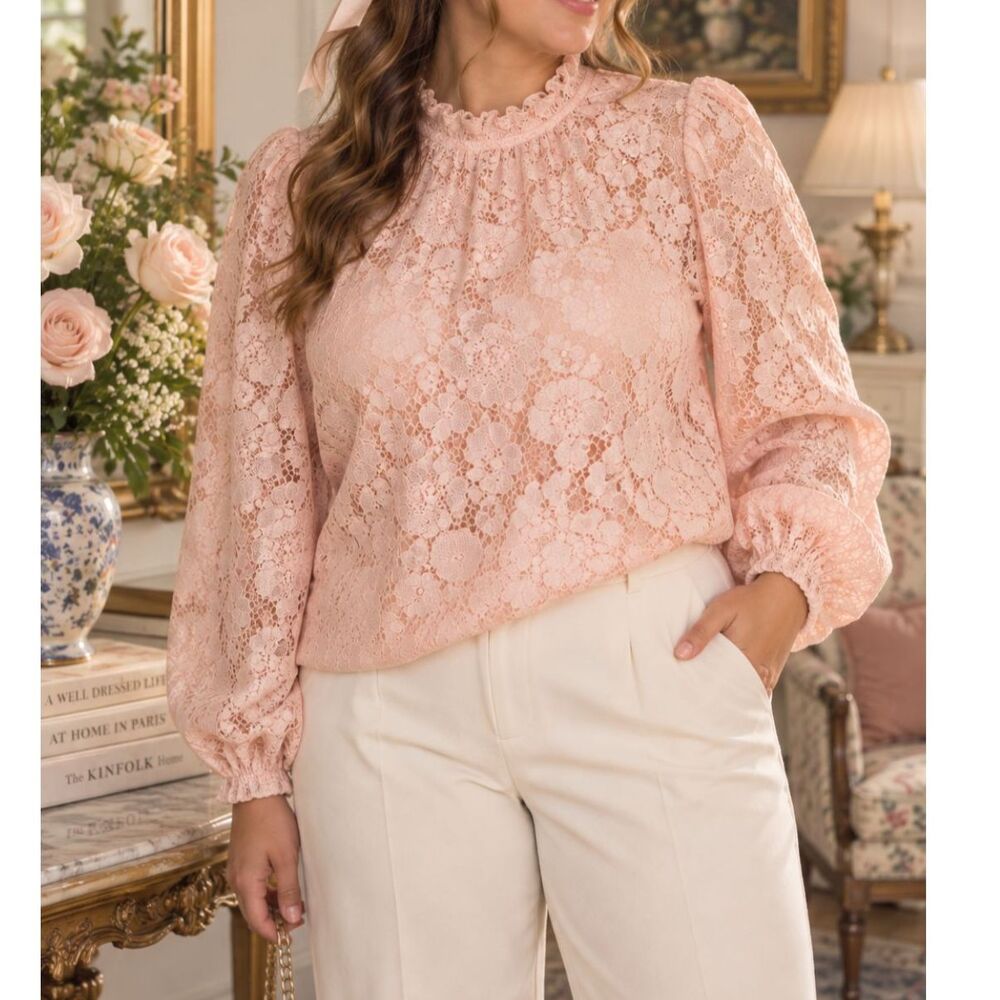 Cloth & Portrait Peach Floral Lace Blouse XXL Romantic Cottagecore Ruffle